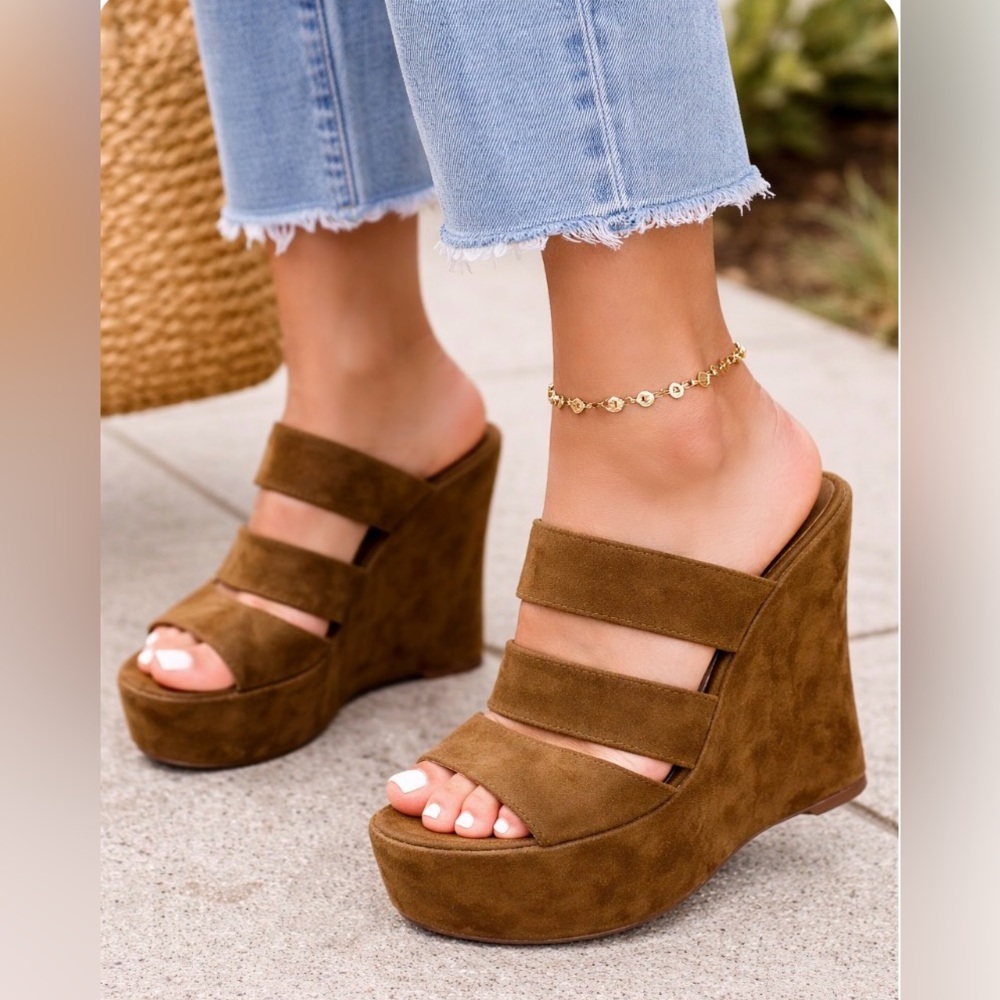 Baldan Tan Brown Suede Platform Wedge Sandals Slide On Mule Designer